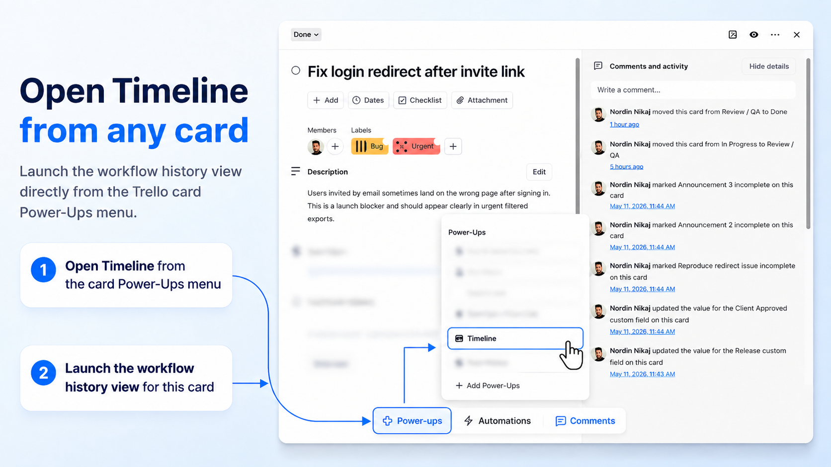 Trello card with the Power-Ups menu open and the Timeline action highlighted